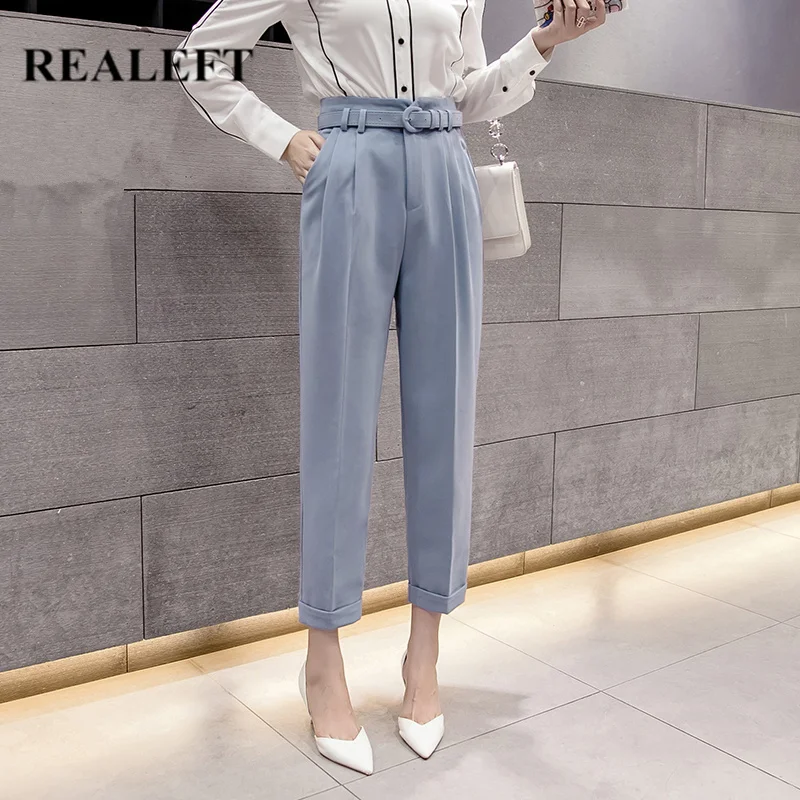 

REALEFT 2021 New Spring Korean OL Style Women Harem Pants with Belt High Waist Formal Elegant Office Lady Ankle-Length Pants