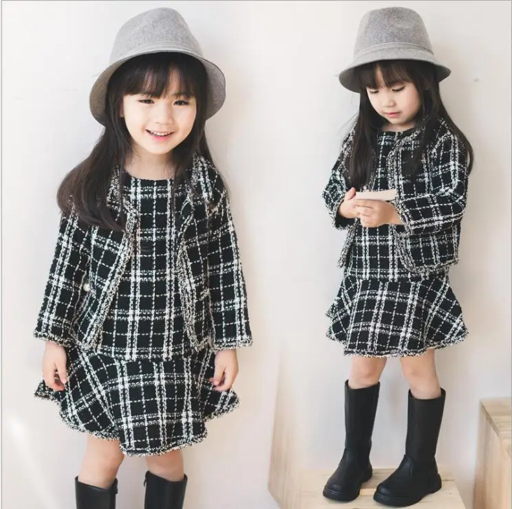 

White Black Girls Plaid Sets Autumn Winter Wool Coat And Sleeveless Dresses 2 Pcs Sets Fashion Casual Kids Clothes girls Suit