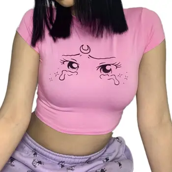 

Women Short Sleeve T-Shirt Harajuku Anime Comic Tears Eyes Print Slim Crop Top