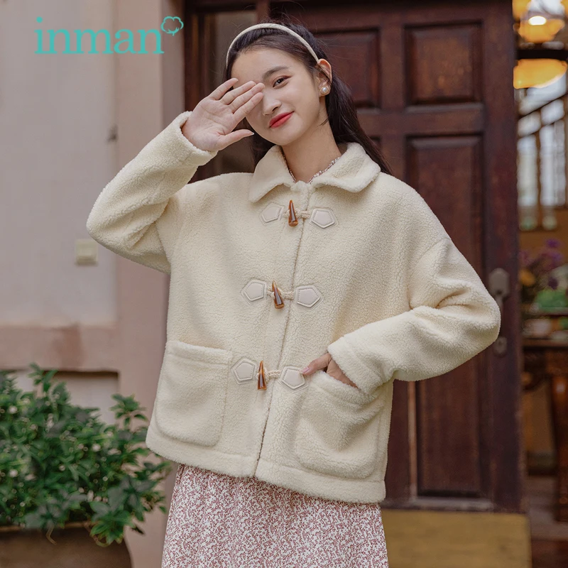 INMAN Women's Coat Autumn Winter Vintage Chic Horn Buttons Dropped Shoulder Lamb Wool Keep Warm Cute Jacket men s turtleneck sweater autumn and winter men s rollneck warm 100% merino pure wool knitted sweater keep warm men jumper top