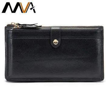 

MVA Black Wallet for Card Men's Wallet Genuine Leather Double Zipper Wallet with Coin Pocket Phone/Moeny Bag Slim Wallets Long