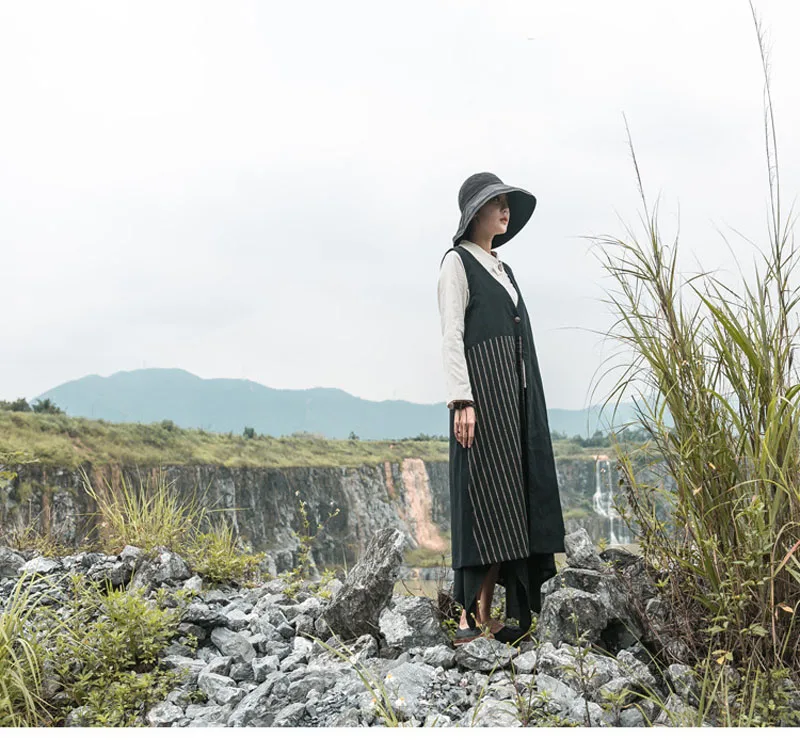 JINGRUI Autumn New Literary Women's Long Cotton and Linen Loose Cardigan Vest Coast