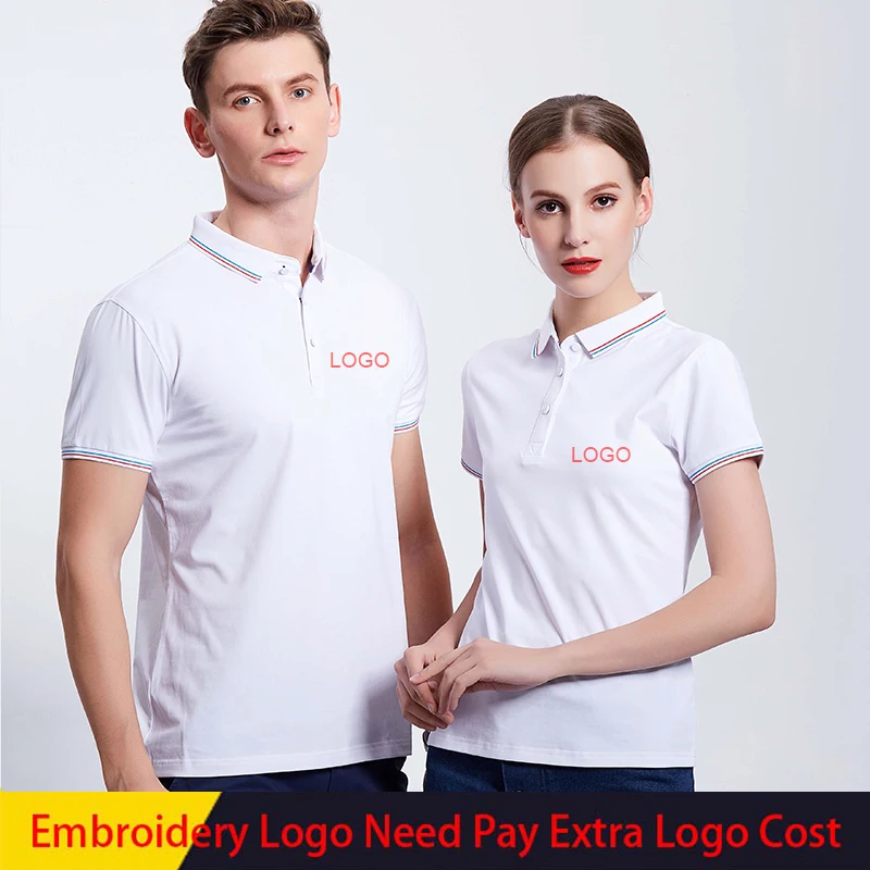 

Anti-wrinkle Polo Shirt Men Cotton Blends Print Logo Lapel Short Sleeve Button Leisure Breathable Waitress Uniform Customize