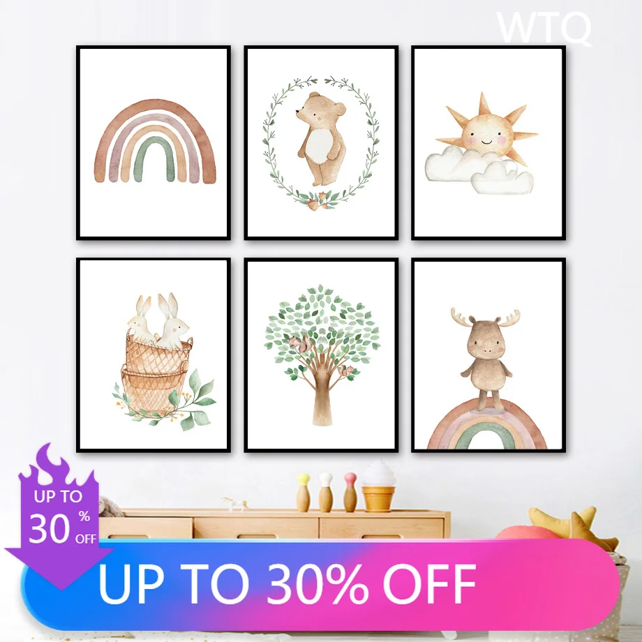 

Cartoon Bear Rabbit Deer Rainbow Sun Cloud Nursery Wall Art Canvas Painting Posters And Print Wall Pictures Baby Kids Room Decor