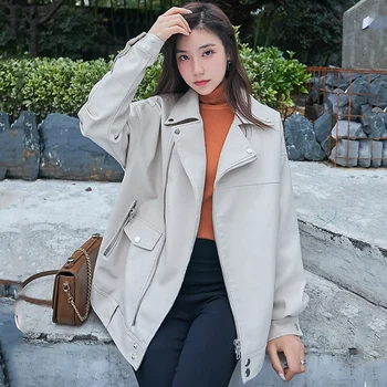 

FMFSSOM New Spring Autumn Women PU Soft Leather Jacket Loose Jacket Overcoat Turndown Collar Pu Motorcycle Rivet Zipper Street