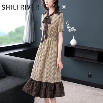

2020 new summer designer long dress for women short sleeve loose casual cut elegant pleated ruffle bow floral midi dresses khaki