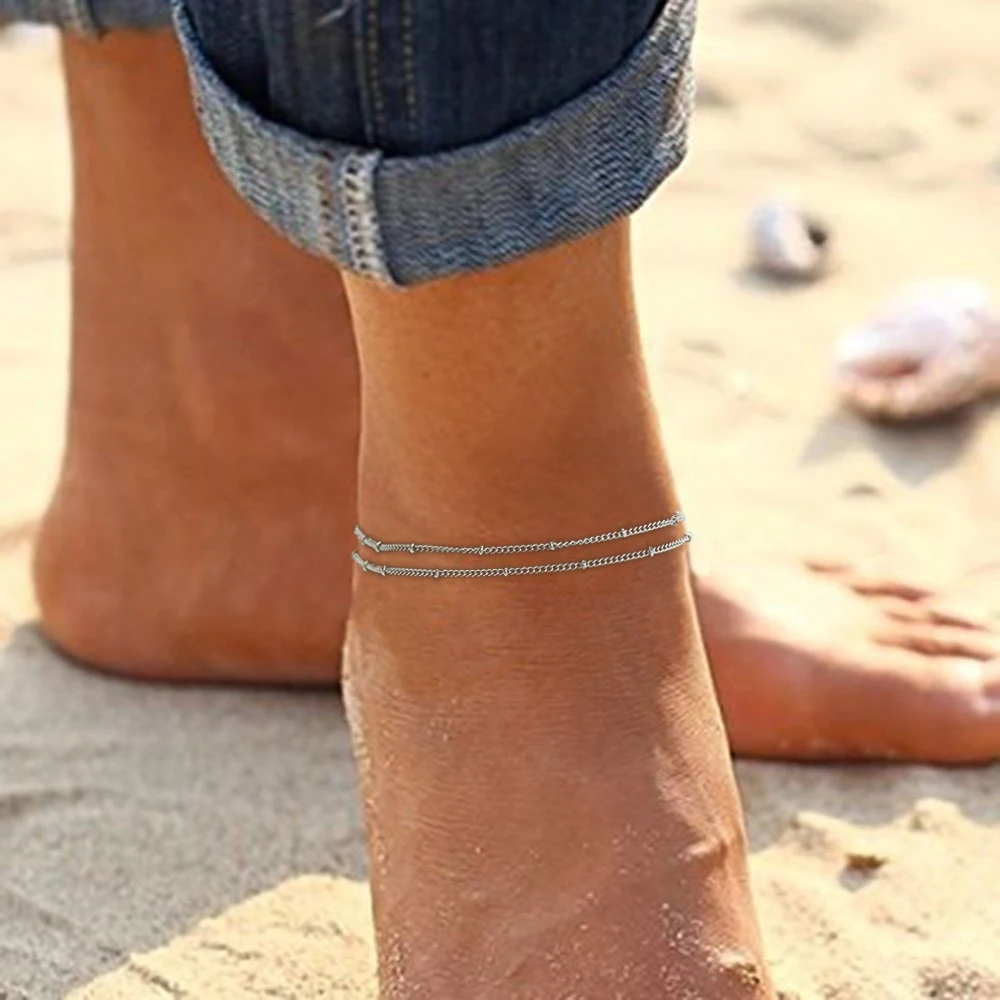 Lacoogh 1pcs Heart Anklets Double Layer Stainless Steel Anklet Lobster Clasp Tail Chain On Foot Anklet For Woman Lacoogh 1pcs Heart Anklets Double Layer Stainless Steel Anklet Lobster Clasp Tail Chain On Foot Anklet For Woman