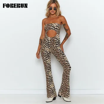 

FORERUN Leopard Jumpsuits Sexy Off Shoulder Long Flare Pants Ropers Womens Jumpsuit Hollow Winter Combinaison Pantalon Femme