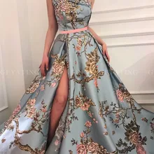 Сексуальное платье на одно плечо сбоку платье с разрезом для выпускного вечера Цветочный принт с украшением в виде кристаллов бисера вечерние халаты с поясом длинные Для женщин Формальное вечернее платье