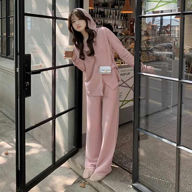 Autumn Winter Casual Knitted 2 Pieces Set Women Hooded Cardigans & Wide Leg Lace-up Knitted Pants Female Sweater Set