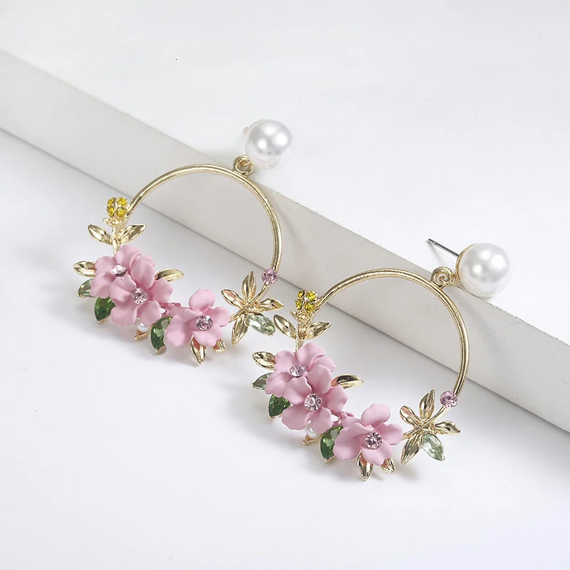 

Elegant Fabric Resin Pink Flower Earrings For Women Fashion Purple Color Crystal Big Drop Earing Hot Sale Brincos 2019 oorbellen