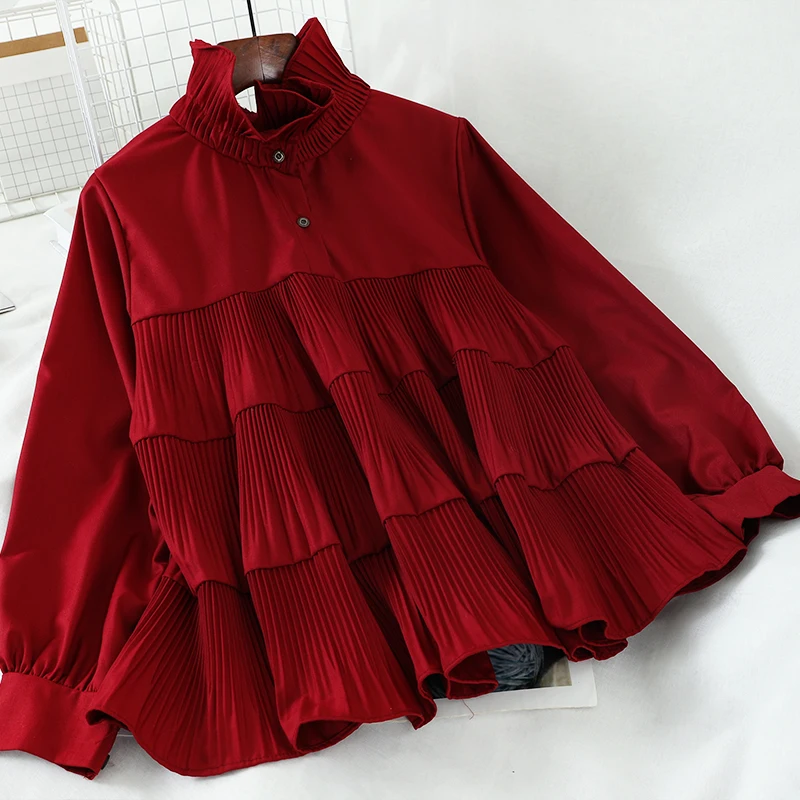 

Korean Solid Pleated Ruffle Doll Shirt Lace Up Stand Neck Women Blouse 2020 Spring Long Sleeve Pullover Top Blusas