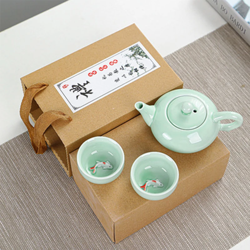 Celadon Carp Tea Cup Kung Fu Tea Set Gift Set Household Simple Portable Ceramic Gift One Pot and Six Cups