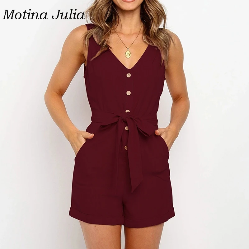 Бургундия Motina Julia/короткий комбинезон с v-образным вырезом и пуговицами спереди; женский пляжный комбинезон с бантом в стиле бохо; удобный хлопковый комбинезон - Цвет: Бургундия