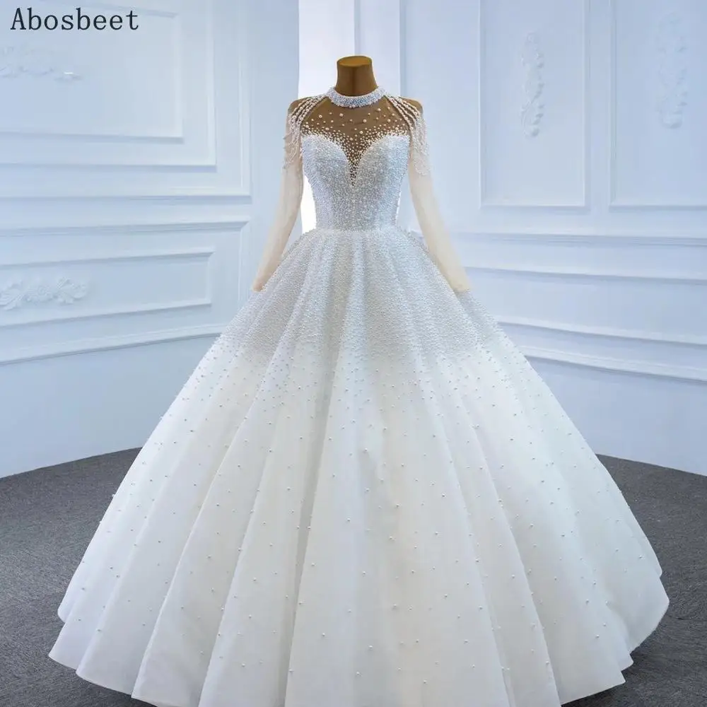 

DD JYOY Heavy Beading Pearls Ball Gown Wedidng Dress Long Sleeve White Bridal Gown High Neck Wedding Wear Lace Up Back New