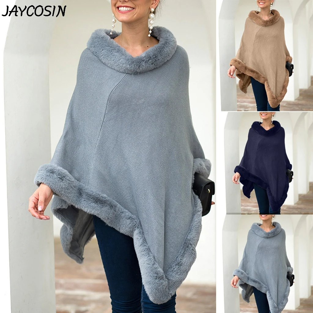JAYCOSIN Women Sweaters Solid Color Crimped O-Neck Cloak Shawl Collar Sweater Tops Sweater Winter Fashionable Wrap Sweater Coat