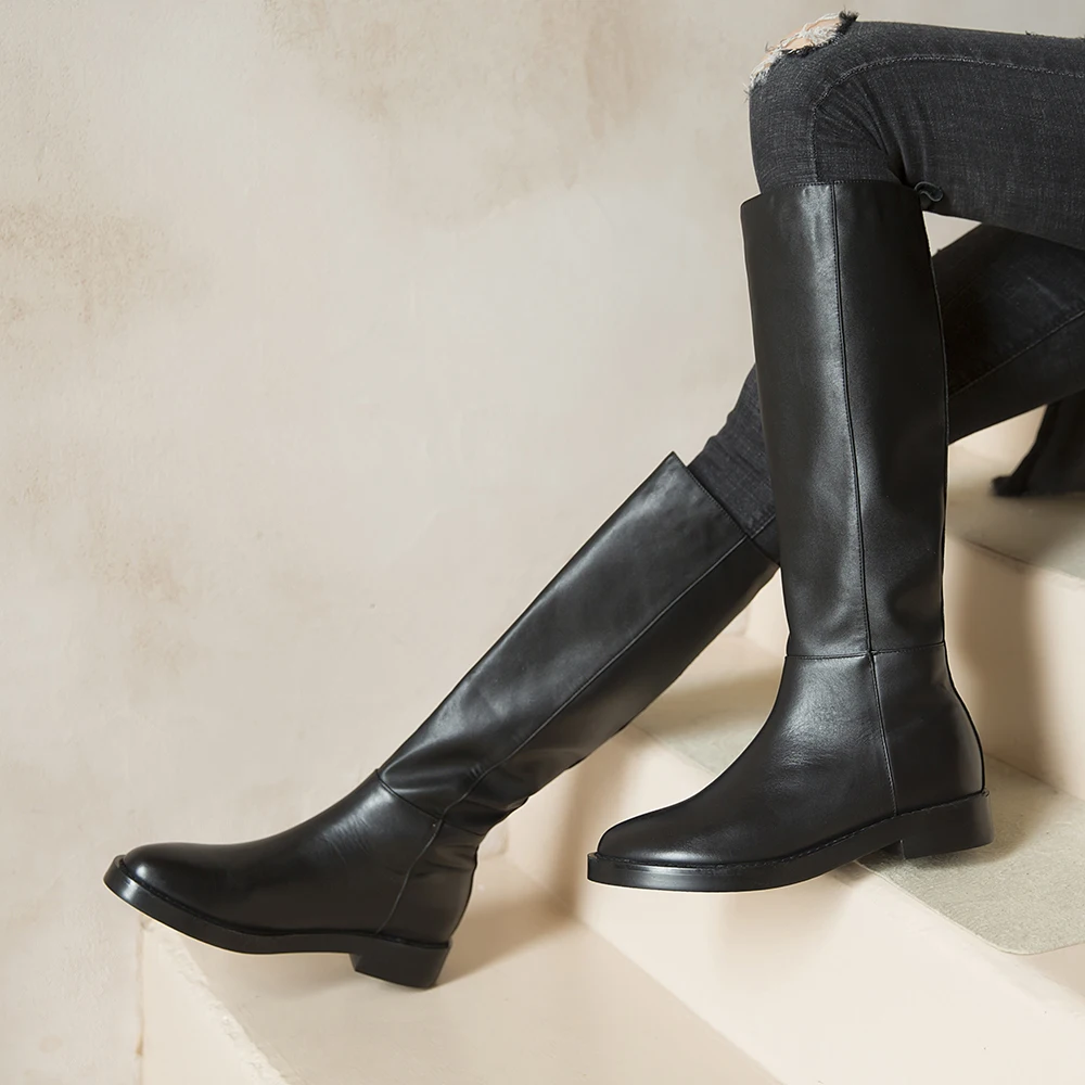 

Plus Size 34-43 New Women Knee High Boots Soft Genuine Leather Flat Fashion Knee Winter Boots Warm Fur Woman Long Boots Shoes