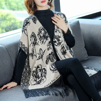 

Vintage Fringed Knit Cloak Floral Poncho Bat-Sleeved Tassels Cape Cardigan Sweater Shawl Woman Coat 2019 New L3971