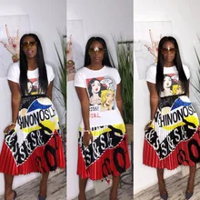 Распродажа буквы печатные плиссированные юбки летние резинка на талии модные контрастные цветные юбки женские высокие уличные макси юбки L5339