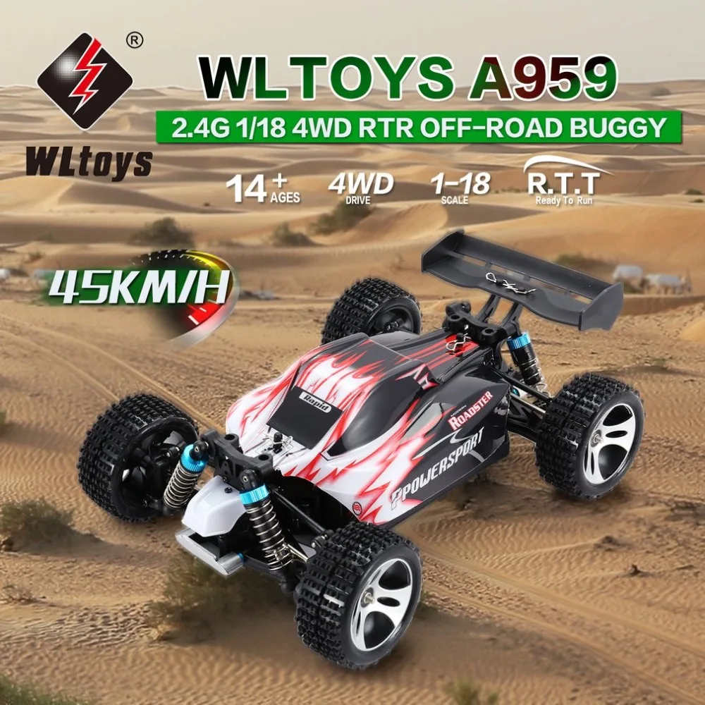 

WLtoys A959 2.4GHz 1/18 Full Proportional Remote Control 4WD Vehicle 45KM/h High Speed Electric RTR Off-road Buggy RC Car