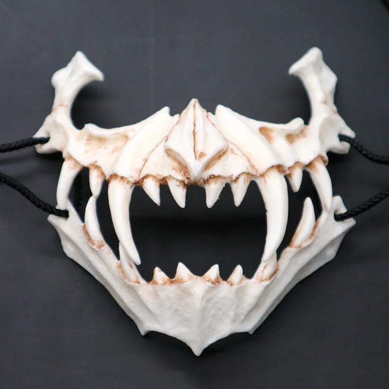 X Половина маска животного длинные зубы демон самурая белая маска с костью Tengu Дракон Якса тигр Смола Маска Косплей