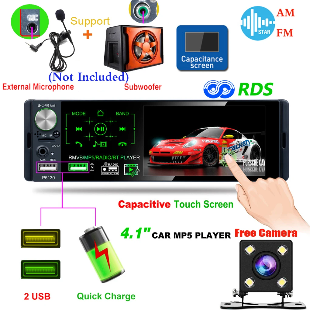 4," 1DIN емкостный сенсорный экран Bluetooth автомобильный стерео радио MP5 плеер FM/AM/RDS+ выход сабвуфера+ камера