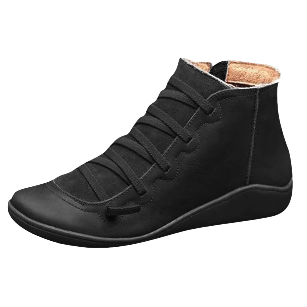 Женские повседневные кожаные ботинки на шнуровке на плоской подошве в стиле ретро Обувь с круглым носком на боковой молнии кожаные ботильоны женская обувь, Wram Botas mujer#20 - Цвет: Черный