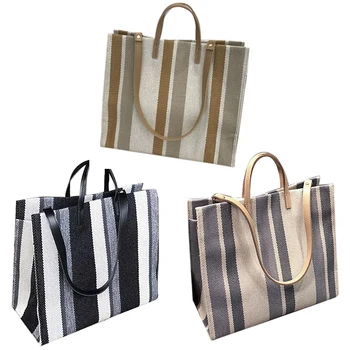 

Summer Striped Canvas Bag Simple Canvas Bag Shoulder For Women Shopping And Traveling Large Capacity Women'S Bag Casual Bag