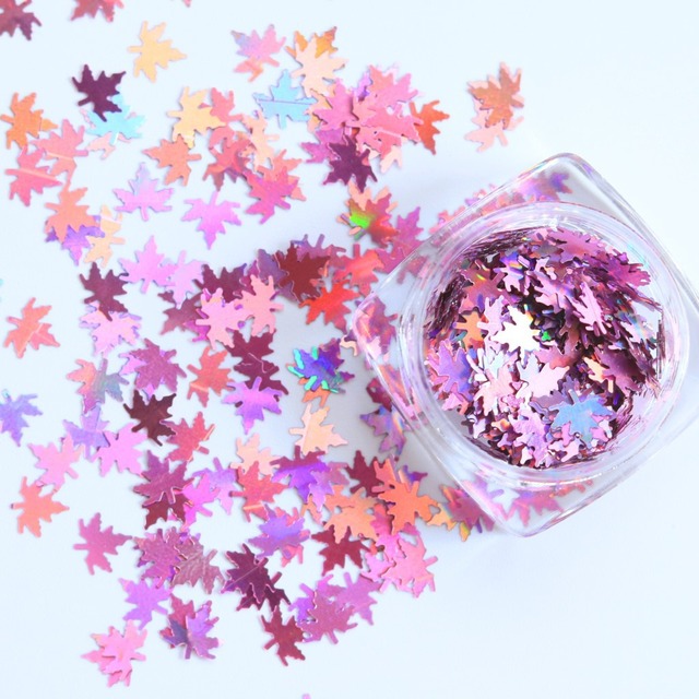 box with 12 styles of color laser maple leaf nail sequins Holographic Metallic Leaf Glitter Sequin Nail Art Patch Decoration