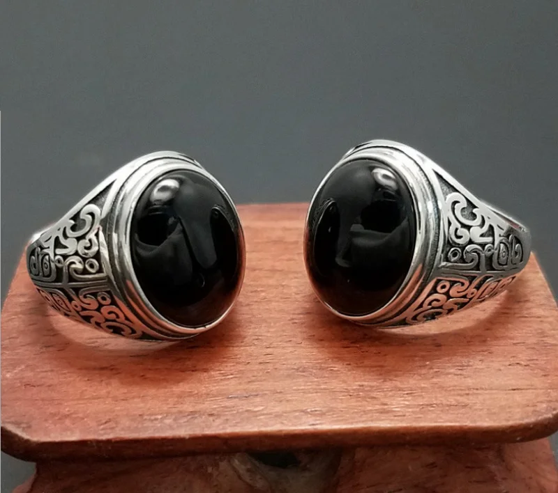 Настоящее серебро 925, Черный гранат, S925 кольцо для мужчин и женщин, выгравированный цветок, классическое кольцо открытого размера, Стерлинговое тайское серебряное ювелирное изделие