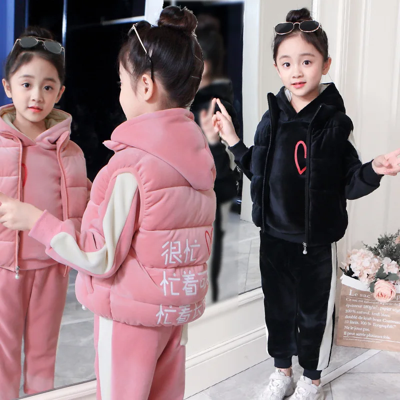 

Children Winter Girls Gold Velvet Set 2018 New Style Busy Being Cute Big Boy Brushed And Thick Three-piece Set Fashion