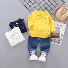 Осенняя одежда для мальчиков рубашка с длинными рукавами и рисунком короны для маленьких мальчиков топы+ джинсовые штаны, комплект повседневной одежды для маленьких мальчиков