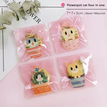 

100pcs/lot Cookies Ziplock Bag Transparent Cartoon Flower Pot Cute kitten Handmade Snack Food Packaging Bags Party Candy Bags