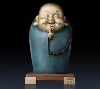 

13 inches Chinese Art Deco Pure Brass Sack Monk Wealthy Maitreya buddha sculpture Decoration Home Furnishings Gift Statue