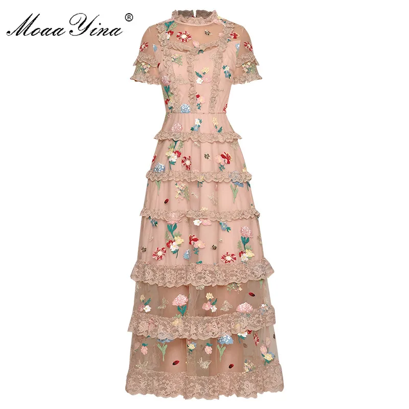 

Moaa Yina Fashion Designer dress Spring Summer Women's Dress Stand collar Mesh Embroidery Floral Elegant Dresses