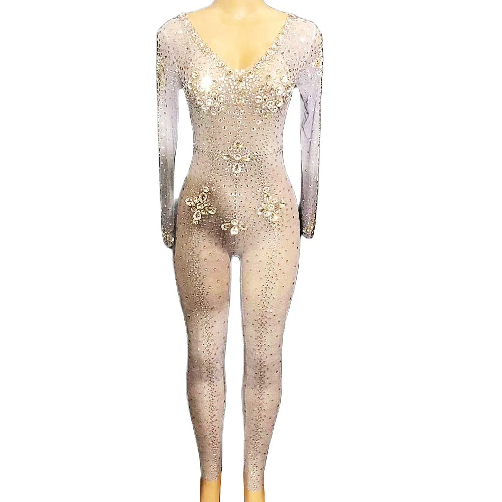 Silver Sparkling Sequins Rhinestones Tights Jumpsuit V-Neck Backless Leotard Personality Performance Costume Ladies Dance Wear |