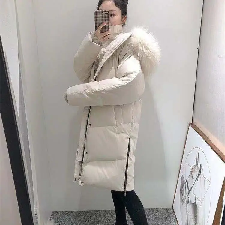 #*Cheap Winter Fur Collar White Duck Down Padded Jacket Women Thickened Solid Long Parkas Coat Hooded Coat Loose Outwear