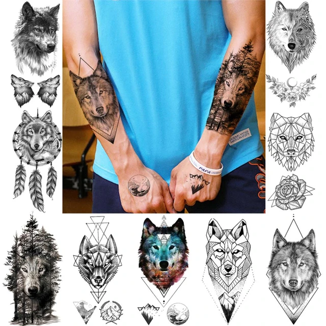 Tatuajes temporales de lobo de bosque de estilo Tribal para hombres y  mujeres, tatuajes geométricos para el cuerpo, tatuajes de brazo, etiqueta  engomada lavable de tatuaje falso de hombre lobo _ -
