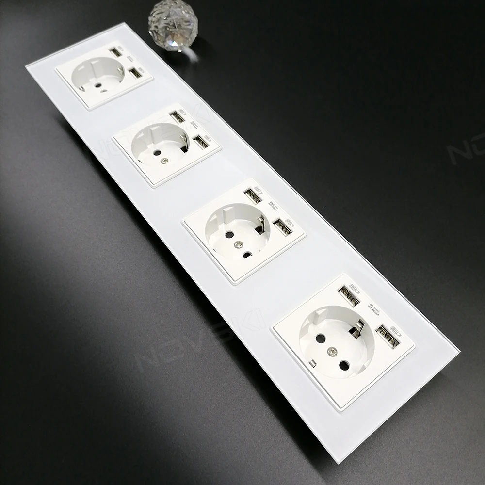 Dual USB 2.1A Hybrid Plug Wall Crystal Glass Panel Power Socket Grounded 16A Quadruple Electrical Socket White, 5 Years Warranty