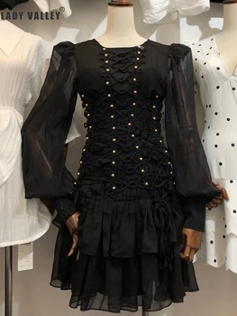 

Free shipping round neck sexy cutout heavy craft beading strap personality dress lady spring hem ruffles