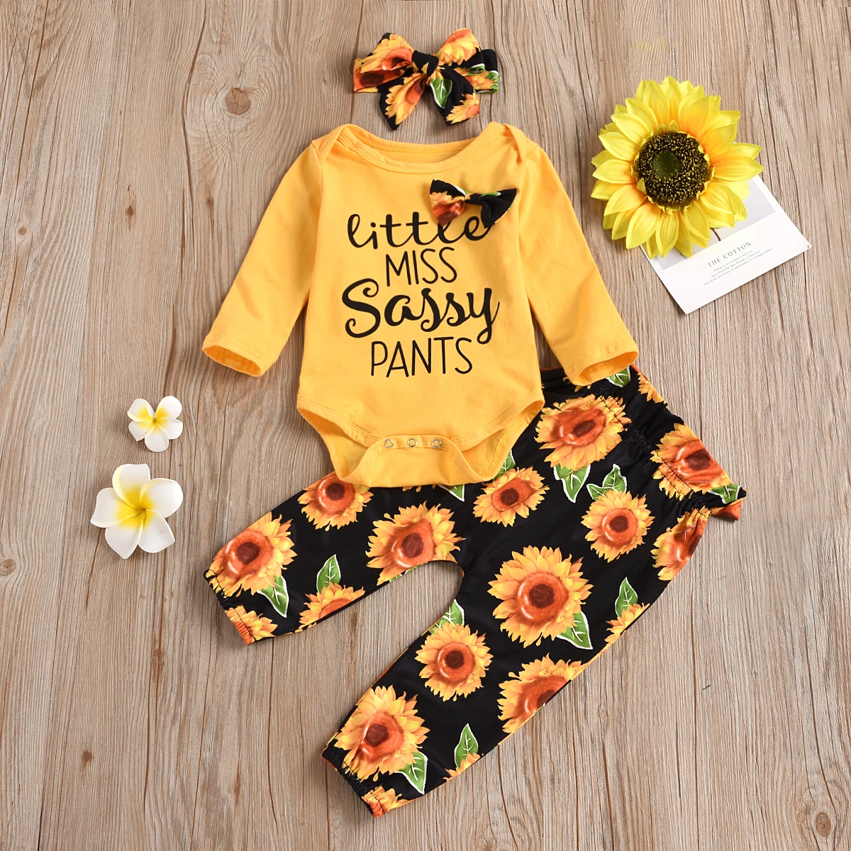 

Emmababy Newborn Baby Girl Clothes Long Sleeve Letter Print Romper Tops Sunflower Print Long Pants Bowknot Headband 3Pcs Outfits