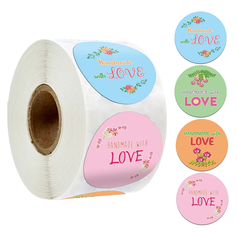

500 Pcs Colored Handmade with Love Sticker Seal Labels Cute Round Pink Green Stickers Roll for For Bakery Boxes Stationery Label