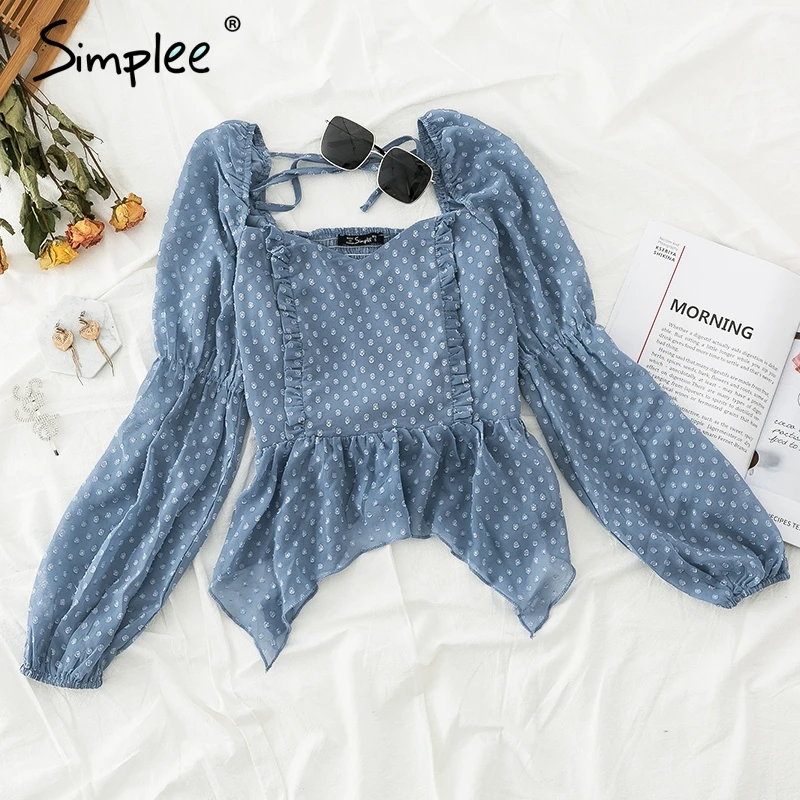 Simplee шифоновый блузка горошек с рюшами Женщины Повседневный квадратный воротник