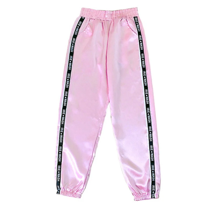 A pink Big Pocket Satin Highlight Harem Pants Women Glossy Sport Ribbon Trousers BF Harajuku Joggers Women's Sports Pants - Color: A pink