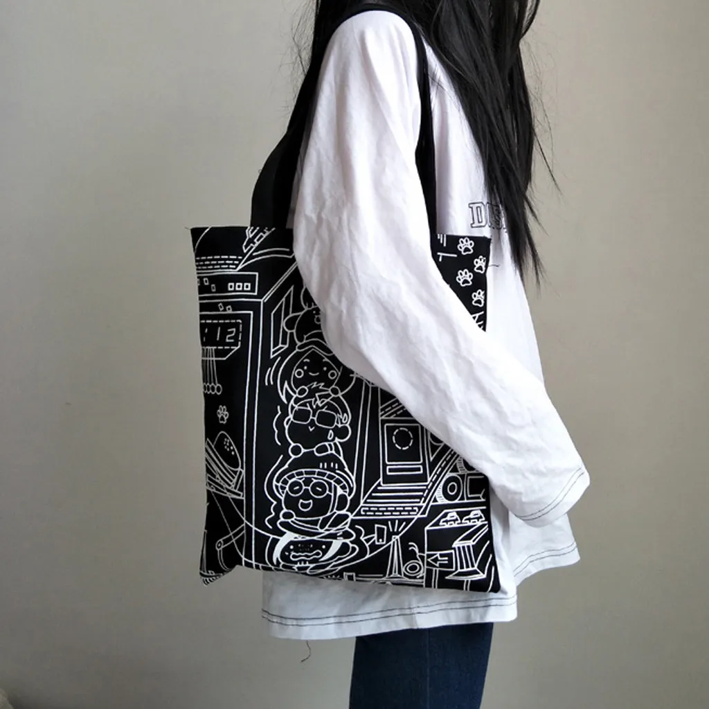 

Women Canvas Printing Art Reusable Shoulder Bags Black Retro Punk Rock Shopping Bags Fashion Gothic Crossbody Bags for Women #5$