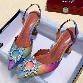 

Women's Spring 2020 Pointed Toe Sandals With Sunflower Crystal Buckle Gadient Fashion Women Slingbacks Heels Plus size