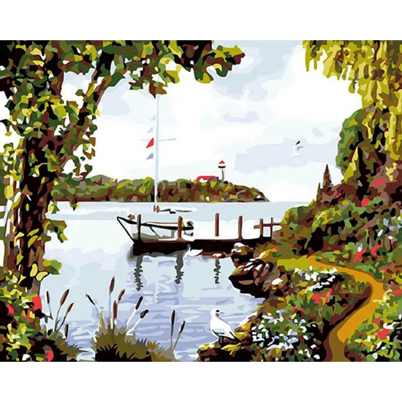 

Painting By Numbers Framed harbor of love Oil Sunset woods snow scene Scenery Decoration Art picture Christmas Gift On Canvas