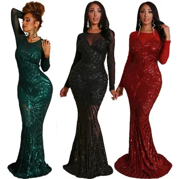 

Long Sleeve Sequined Evening Dress O-Neck Sweep Train Trumpet Long Dresses Evening Formal Dresses Evening Gown Robe De Soiree