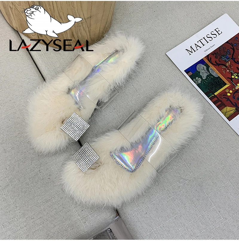 LazySeal/тапочки со стразами; женская домашняя плюшевая обувь с натуральным кроличьим мехом; домашняя пушистая обувь на плоской подошве с открытым носком