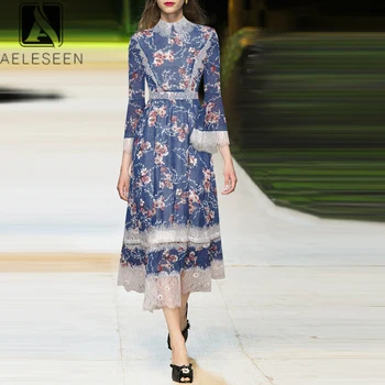 

AELESEEN Bohemian Spring Summer Dress 2020 Runway Fashion Women Flare Sleeve Lace Patchwork Floral Print Holiday Long Dress